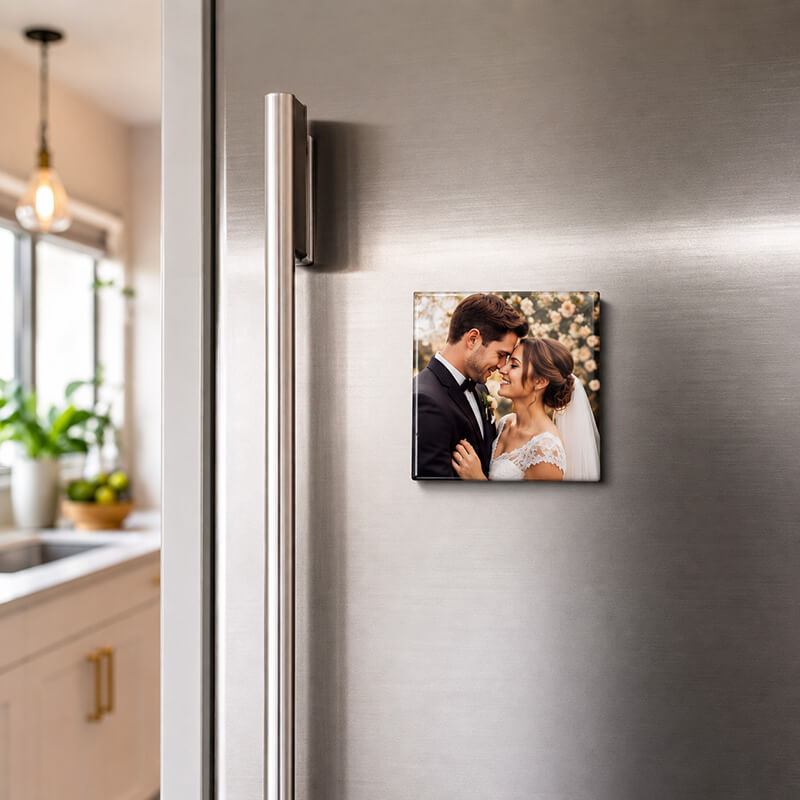 Fotomagnet mit Paarfoto am Kühlschrank
